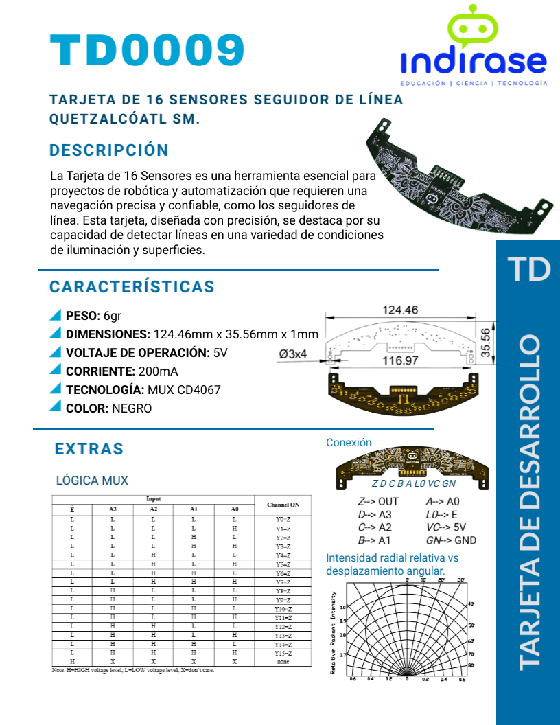 Tarjeta de 16 Sensores Seguidor de Linea Quetzalcóatl SM