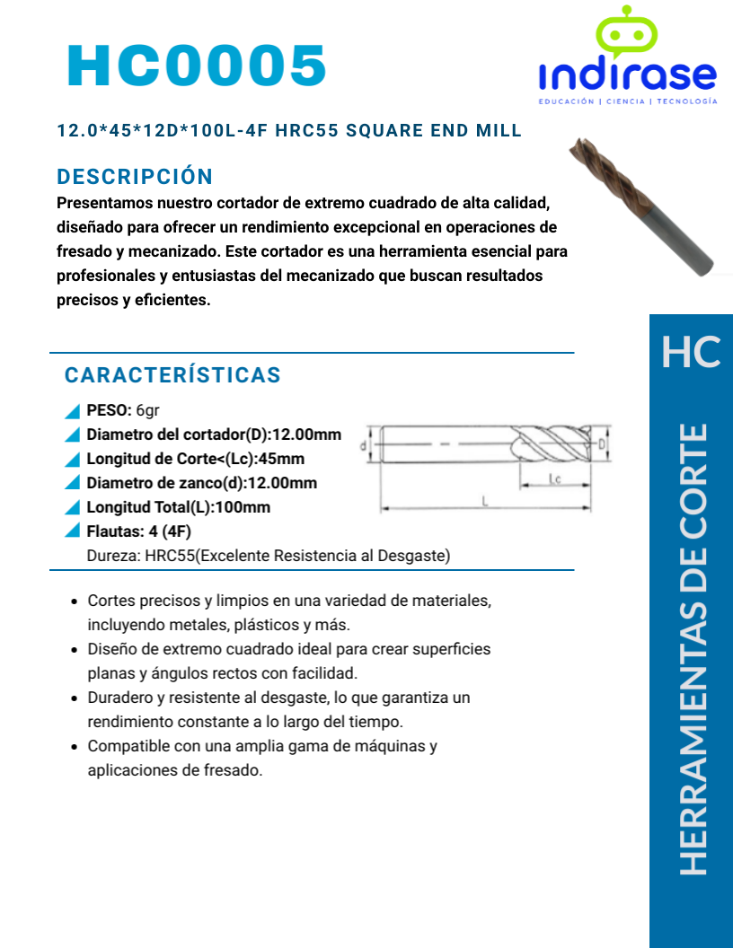 12.0*45*12D*100L-4F HRC55 Square End Mill