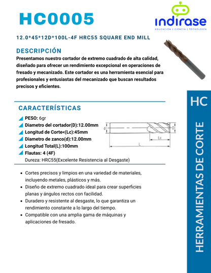 12.0*45*12D*100L-4F HRC55 Square End Mill