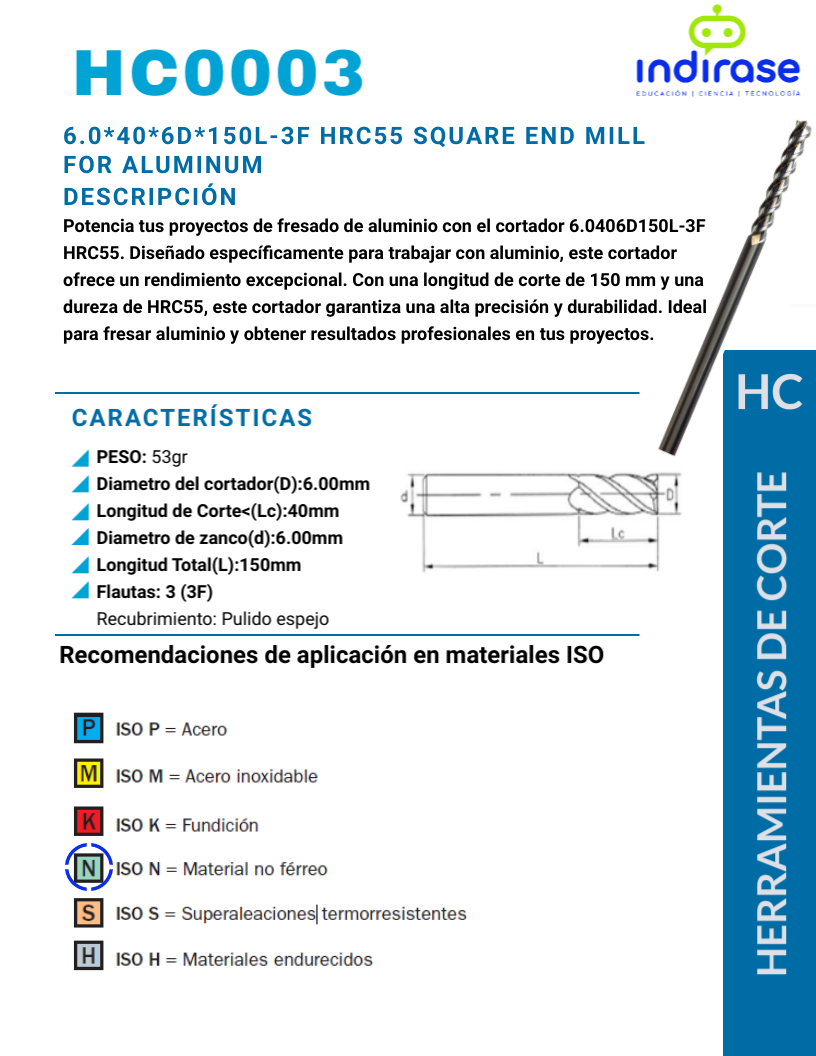 6.0*40*6D*150L-3F HRC55 Square End Mill For Aluminum