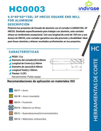 6.0*40*6D*150L-3F HRC55 Square End Mill For Aluminum