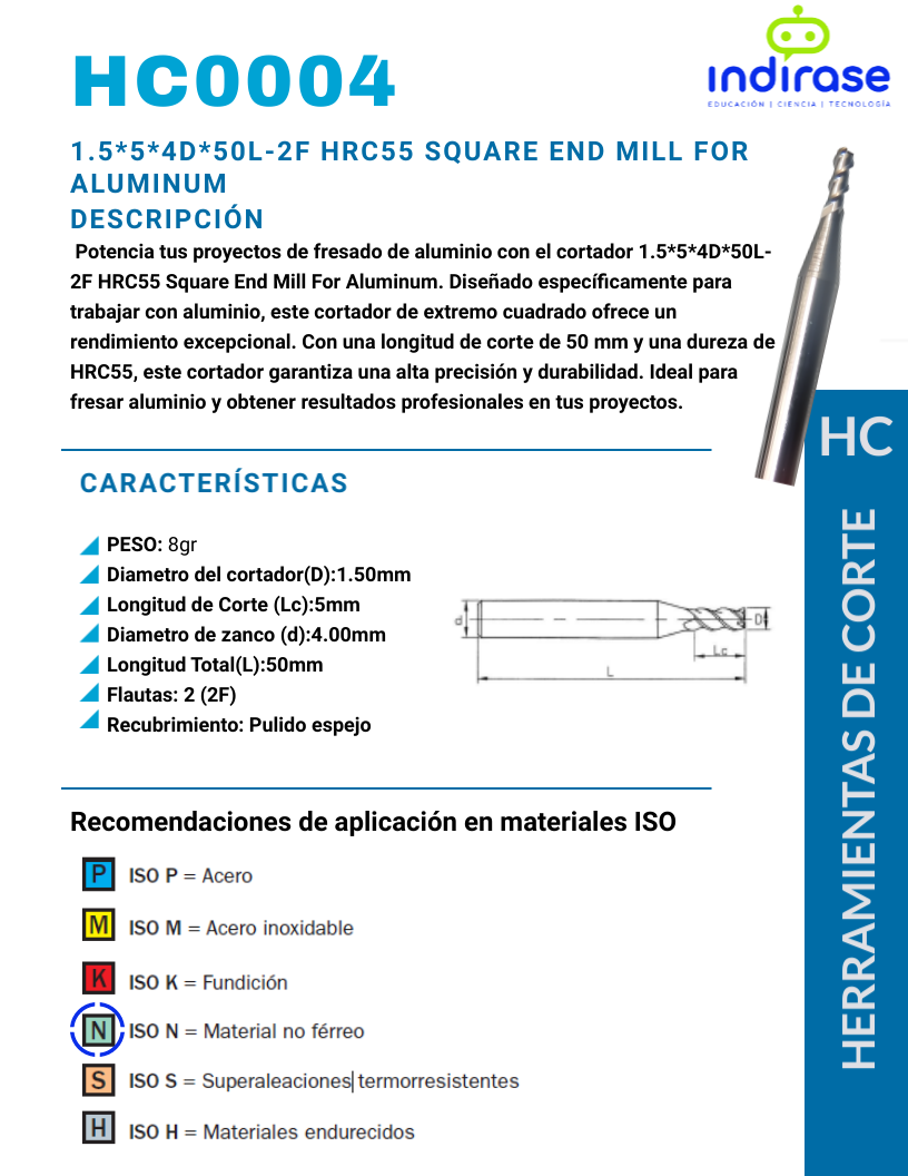 1.5*5*4D*50L-2F HRC55 Square End Mill For Aluminum
