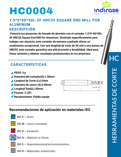 1.5*5*4D*50L-2F HRC55 Square End Mill For Aluminum